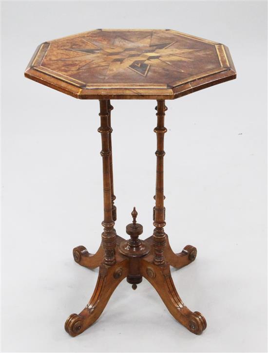 A late Victorian inlaid octagonal topped occasional table, probably by W.H.Jewell & Co of Christchurch, New Zealand, W.1ft 7.5in.